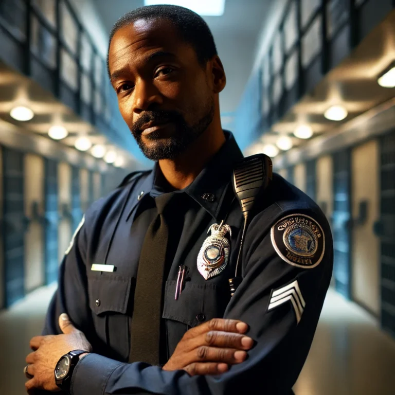 DALL·E 2024-10-27 20.38.00 - A thoughtful and empathetic correctional officer, in a professional uniform, standing in a dimly lit hallway of a correctional facility. The officer's